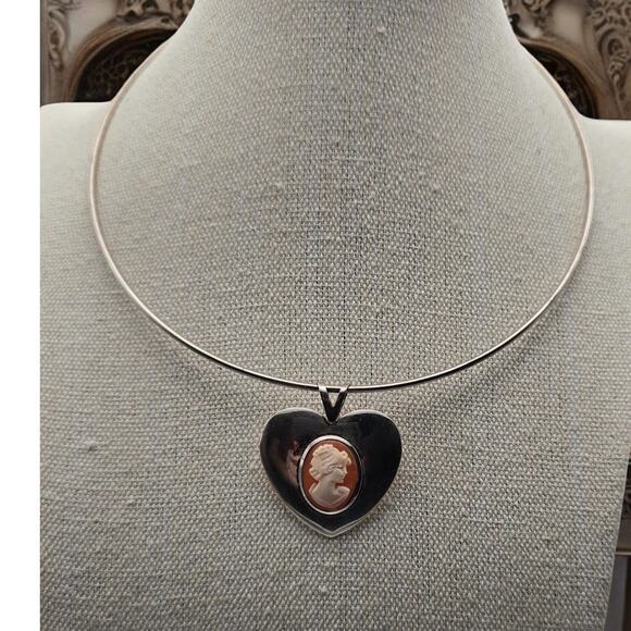 Heart Cameo Taxco Mexico Sterling Silver 925 Torque Choker Vintage Necklace​